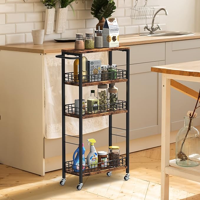 Slim Storage Cart Rolling Kitchen Cart with Wheels Narrow Laundry Storage Utility Cart 4 Tier Bathroom Mobile Shelving Unit Organizer with Wood Tabletop Trolly Cart with Handle for Small Spaces, Brown-NeatNest