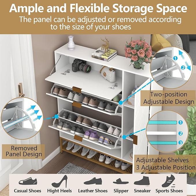 Loomie Shoe Cabinet,Freestanding Tipping Bucket Shoe Rack Organizer with 2 Flip Drawers,Entryway Narrow Shoe Storage with Adjustable Storage Shelf &Top Cubby,Modern Slim Hidden Shoe Cabinet, White-NeatNest