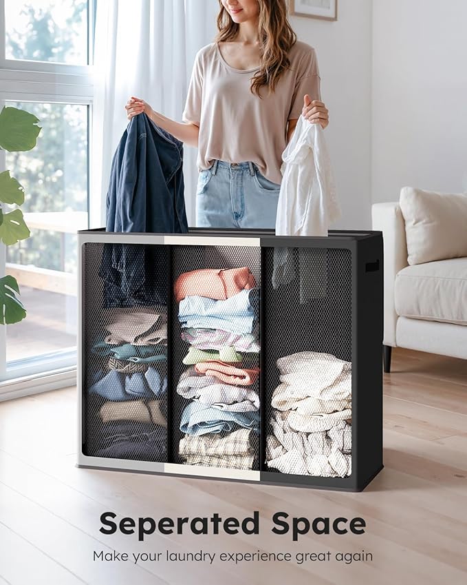 SOLEDI Laundry Hamper 3 Section with Lid and 3 Pcs Laundry Bag, Large Hamper 3 Compartment 180L, Basket Sorter for Bedroom Blanket Storage-NeatNest