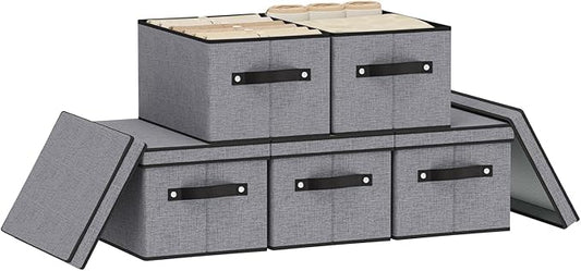 Fabric Storage Boxes, 7.1 x 9.1 x 13 Inch Baskets for Shelves with Lids, Wardrobe Organiser with Handles, Decorative Linen Closet Organizer Bins, Gray, 5 Pack-NeatNest