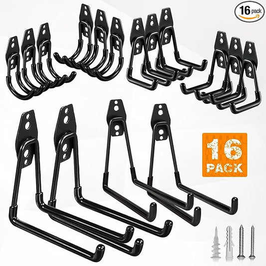 Garage Hooks,16 Pack Garage Hooks Heavy Duty,Utility Steel Garage Storage Hooks,Wall Mount Garage Hanger&Organizer for Organizing Power Tools,Ladders,Bulk Items,Bikes,Ropes and More Equipment