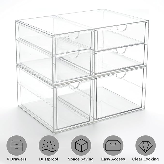 Prsildan Acrylic Drawer Makeup Organizer with 6 Drawers, Set of 2 Office Desk Organizers Accessories, Clear Stackable Storage Drawers for Vanity, Craft, Not for Baby Bottle (Largest Drawer 4" Tall)-NeatNest