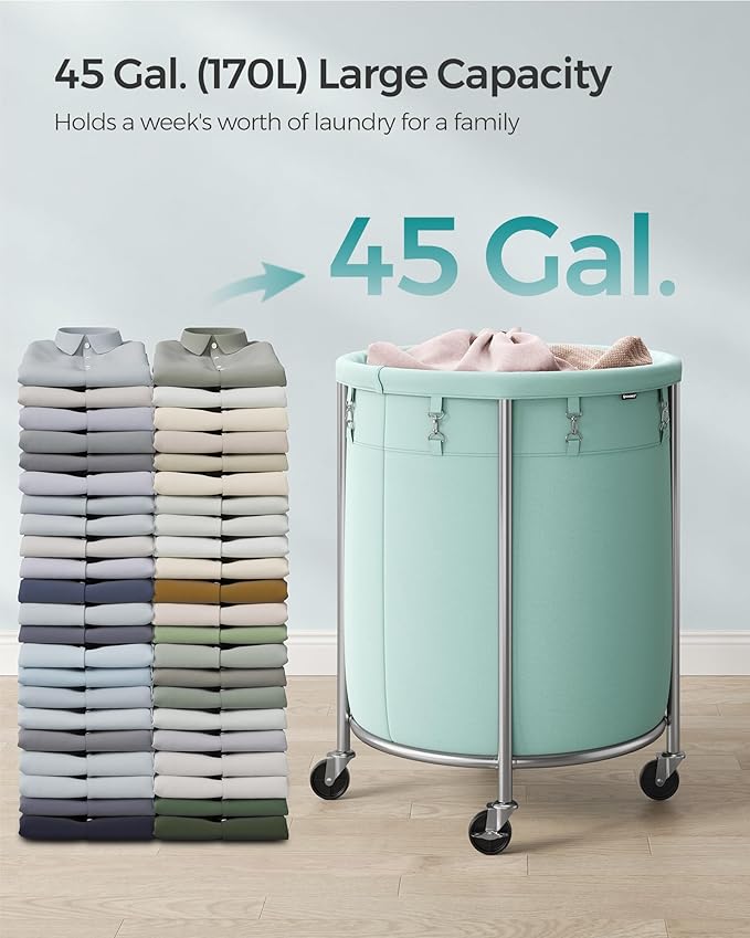 SONGMICS Laundry Basket with Wheels, Rolling Round Laundry Hamper Cart, 45 Gal. with Steel Frame and Removable Bag, 4 Casters and 2 Brakes, Mint Green and Metallic Silver URLS001C01