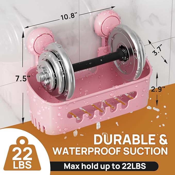 LEVERLOC Shower Caddy Suction Cup 2 Pack, Shower Organizer Removable Bathroom Shelf, Storage Suction Powerful Max Hold 22lbs Bathroom Caddy Waterproof Holder, Pink-NeatNest