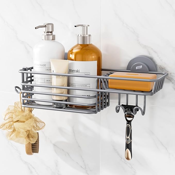 TAILI Shower Caddy Suction Cup with Hooks & Soap holder, Heavy Duty Bathroom Shower Organizer, No Drilling Shower Shelves for Inside bathroom, Metal Black Storage Basket-Grey