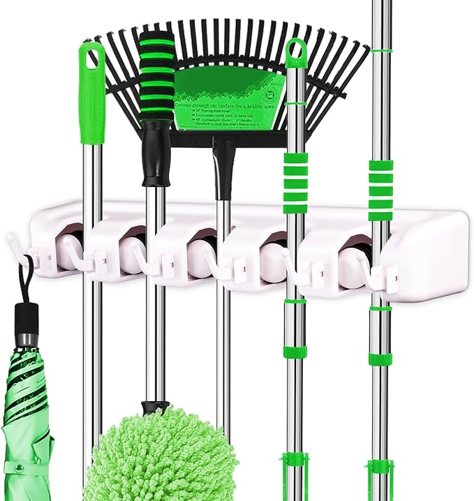 LETMY Broom Holder Wall Mount - Mop and Broom Hanger Holder - Garage Storage Rack & Garden Tool Organizer - 5 Position 6 Hooks Broom Rack for Home, kitchen, Garden, Tools, Garage Organization - White-NeatNest