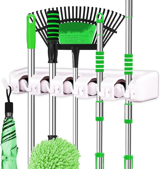 LETMY Broom Holder Wall Mount - Mop and Broom Hanger Holder - Garage Storage Rack & Garden Tool Organizer - 5 Position 6 Hooks Broom Rack for Home, kitchen, Garden, Tools, Garage Organization - White-NeatNest