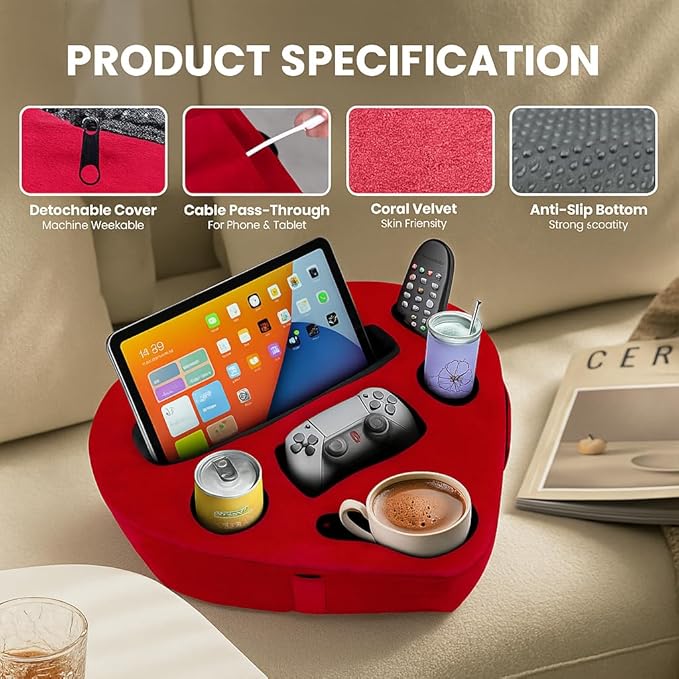 Heart-Shaped 8-in-1 Bed & Couch Cup Holder, Sofa Organizer Caddy Holds Phone, Tablet/iPad, TV Remote, Gaming Console, Mug - Drinks Cupholder Tray - Buddy Pillow Gift for Women & Couples, Red-NeatNest
