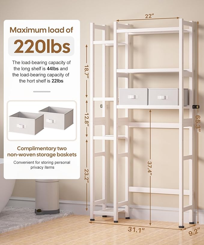 Homde Over The Toilet Storage with Basket and Drawer, Bamboo Bathroom Organizer with Adjustable Shelf & Waterproof Feet Pad, Space Saver Rack for Restroom, Laundry,White-NeatNest