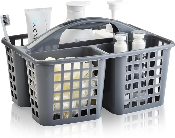 Haundry Plastic Shower Caddy Basket with 3 Compartments, Portable Divided Cleaning Supply Storage Organizer with Handle (Grey)-NeatNest