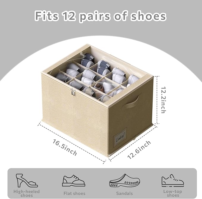 2 Pack Shoe Organizer for Closet - Shoe Storage Bins with Clear Cover, Fabric Shoe Storage Containers with Reinforced Handles, Fits up to 24 Pairs (Beige, 16.5 * 12.6 * 12.2in)-NeatNest