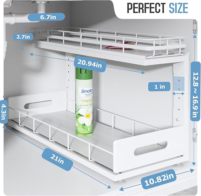 2 Pack 21 IN Depth Pull Out Cabinet Storage With Smooth Rails,2-Tier Dual Pull Out Cabinet Storage For Bathroom Kitchen,Under Sink Shelf-White-NeatNest