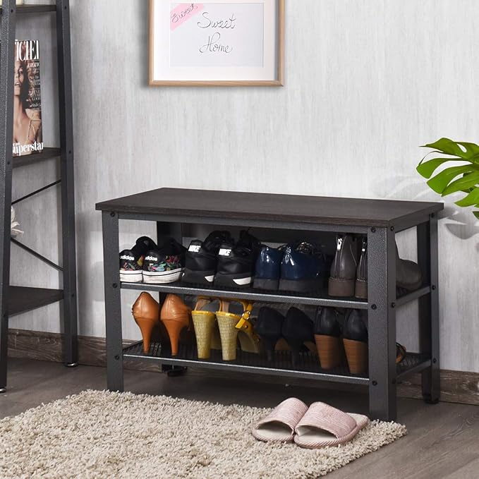 Giantex 3-Tier Shoe Bench, Industrial Shoe Rack with 2 Mesh Storage Shelves for Entryway, Hallway, Bathroom or Living Room, Shoe Organizer (Gray)