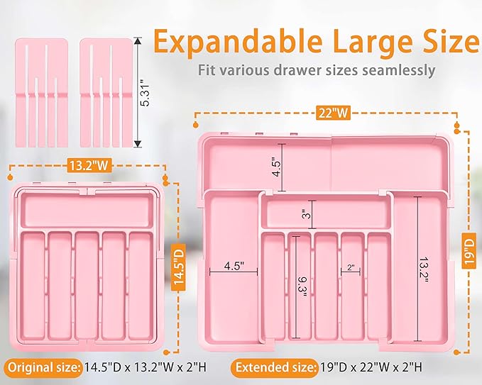 Homecor Silverware Organizer - Expandable Large Kitchen Drawer Organizer Utensil Organizer with 2 Knife Block Inserts, 22"x 19"Cutlery Tray with Drawer Dividers for Kitchen Flatware (Pink)-NeatNest