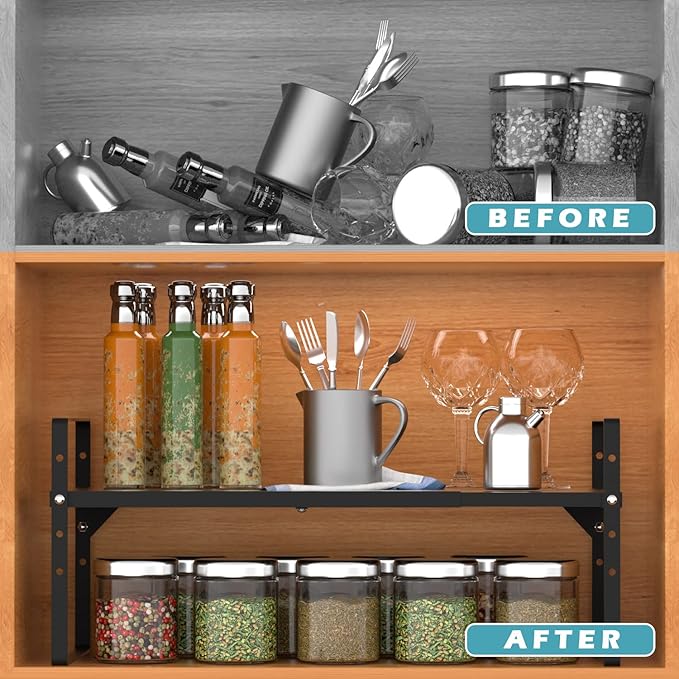 Expandable Counter Shelf, Adjustable Height Spice Rack Metal Mesh Board Shelf Organization for Kitchen Pantry Bathroom Office -Black-NeatNest