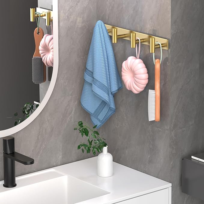 Wall Mounted Coat Rack-4 Hooks, Heavy Duty Stainless Steel Hook Rail for Towel Coat Hat Purse Bag Jacket, Towel Hooks for Entryway Bathroom Kitchen (Gold 4 Hooks - 1 Pack)-NeatNest