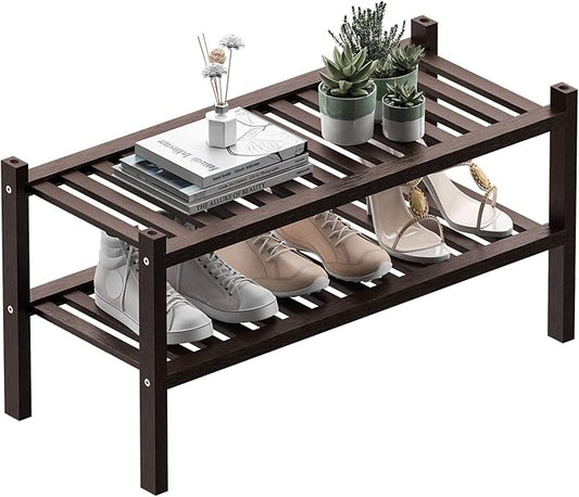 2 Tier (Thick) Bamboo Shoe Rack for Closet Free Standing Wood Shoe Shelf for Entryway Small Space Stackable 27"x12"x14" (Black Brown)-NeatNest