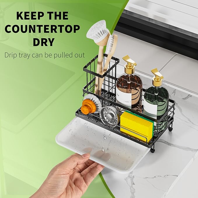 Cisily Large Capacity Kitchen Sink Caddy Organizer, Rustproof Non-Slip Sponge Holder With Dish Brush Holder Organizer, Kitchen Organization and Storage, Essentials Accessories for Countertop-NeatNest