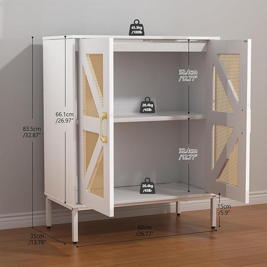 Buffet Cabinet White with Storage, Rattan Sideboard with Doors & Shelves, Accent Buffet Console Table 32.9" Media Console Mid Century Coffee Bar Table for Living Room Kitchen Dining Room-NeatNest