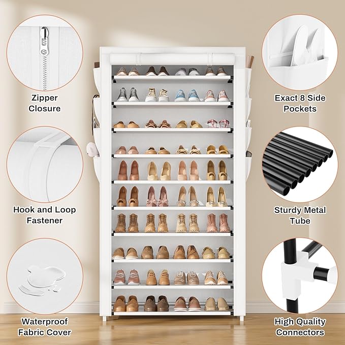 VTRIN Tall Shoe Rack with Cover, 10 Tier Shoe Organizer Storage for 50-55 Pairs Shoes and Boots Large Capacity Shoe Shelf with 8 Pockets Free Standing Shoe Rack for Closet, Entryway, Garage, White-NeatNest