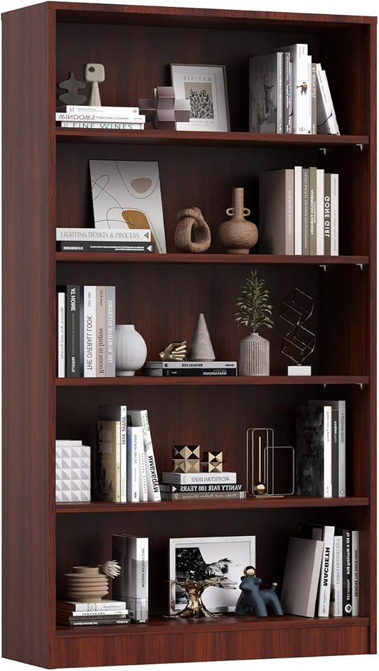Farini 60 Inch Tall 5-Shelf Bookcase, Wood Bookshelf Storage Organizer Adjustable Shelf for Home Office, Study Room, Easy Assembly,Mahogany