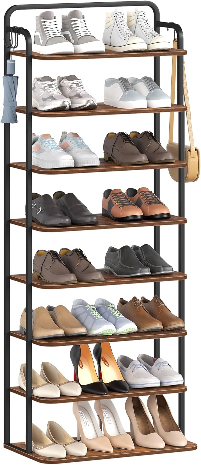 8 Tiers Widened Vertical Shoe Rack, Narrow Shoe Tower, Tall Shoes Shelf with 2 Hooks, Adjustable Shelves, Corner Shoes Shelves for Small Spaces, Entryway, Living Room, Rustic Brown SR12501B-NeatNest