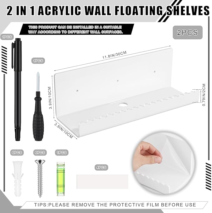 2 Pack Acrylic Wall Floating Shelves, White Adhesive Organizer, 11.8“ Acrylic Floating Bookshelves, Wall Display Shelve for Bedroom, Gaming Room, Living Room, Bathroom, Office-NeatNest