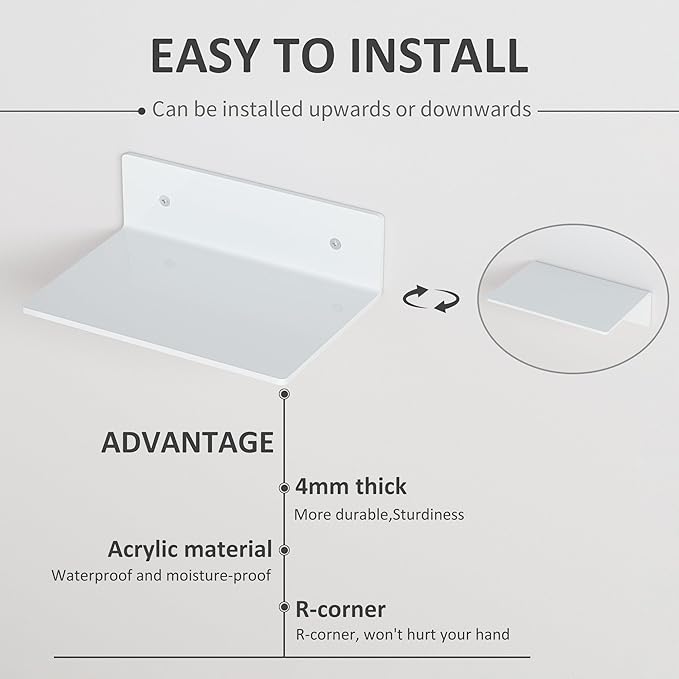 Hexsohoma 9 Inches White Floating Shelves, Acrylic Wall Shelves for Living Room, Bedroom, Bathroom, Kitchen, Office, Brand Store, Retails, Gaming Room, 4 Pack-NeatNest
