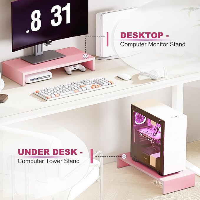 TEAMIX Pink Monitor Riser-20L inch, Wood Monitor Stand for Desk, Sturdy TV/Screen/PC/Printer/Laptop Riser,Computer Shelf with Storage TV Holder for Home Office (Pink, 20 inch)-NeatNest