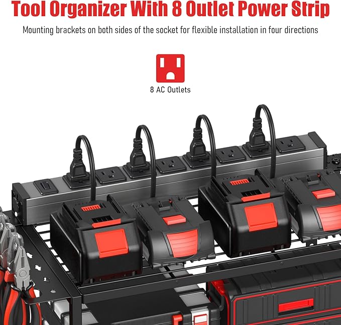 JUNNUJ Tool Organizer with Charging Station, 3 Layers Wall Mount Garage Tools Storage with 8 Outlets Power Strip, 4 Drills Holder Battery Heavy Duty Metal Shelf, Utility Rack with Hooks, Black