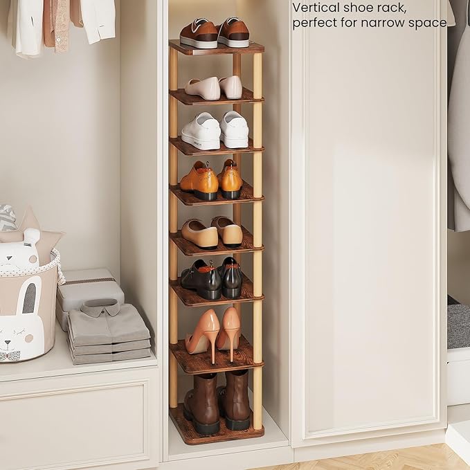 LUCKNOCK Vertical Shoe Rack, 8-Tier Tall Narrow Shoe Organizer for Entryway, Closet, Dorm & Small Spaces, Freestanding Wooden Shoe Shelf Tower for Boots, Sneakers, Heels. (Rustic Brown)-NeatNest