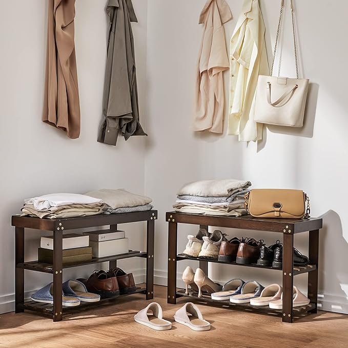 Pipishell Bamboo Shoe Rack Bench, 3 Tier Sturdy Shoe Bench, Storage Shoe Organizer, Holds up to 300lbs for Entryway Bedroom Living Room Balcony, Brown-NeatNest