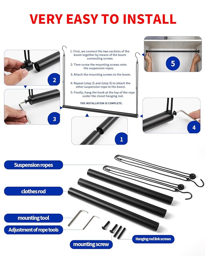 Closet Rods for Hanging Clothes 36'' Black Stepless height adjustment Heavy Duty Closet Rod for Optimize closet storage and organizing space-NeatNest