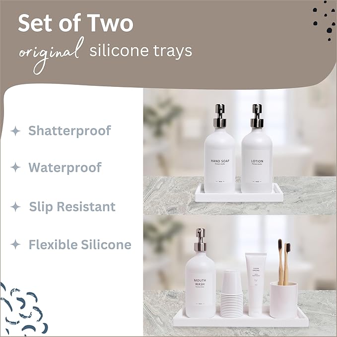 Countertop and Vanity Tray - 2 PC (11” and 7”) Shatterproof Silicone Kitchen and Bathroom Trays for Counter, Kitchen Soap Dispenser Tray, Vanity Trays for Bathroom, Perfume Key Tray-NeatNest