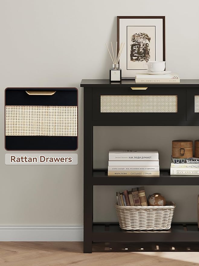 Console Table with 2 Rattan Drawers, Wooden Entryway Table with 3-Tier Storage Shelves, Display Shelf for Entryway, Hallway, Foyer and Living Room, Black-NeatNest