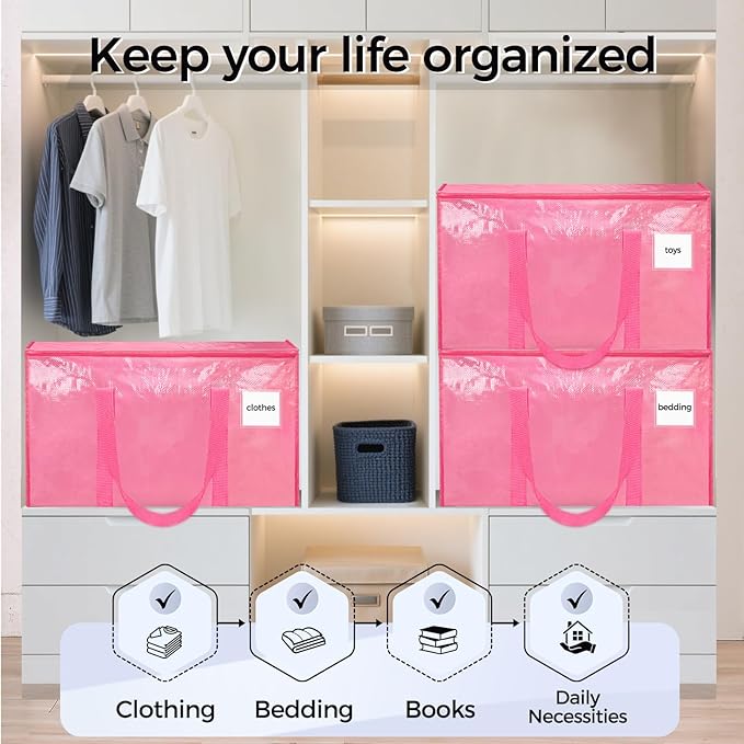 16 Pack Extra Large Heavy Duty Moving Bags, Pink Storage Bins with Lids, Reinforced Handles & Heavy-Duty Zippers Moving Boxes Storage Bags Totes for Clothes Packing, Dorms, College Supplies, Pink