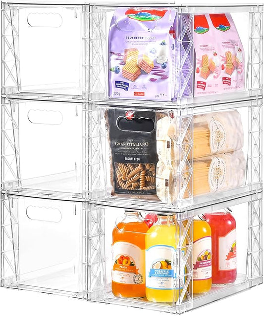 6Pack Stackable Kitchen Storage Organizer, Pantry Organizers and Storage, Clear Foods Organizer Bins with Handles, Easily Assemble for Bathroom, Kitchen, Pantry, Cabinet, Closet-NeatNest