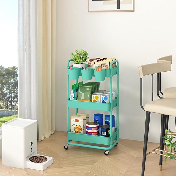 JIUYOTREE 3-Tier Plastic Rolling Storage Cart Utility Cart with Extra Hanging Cups Handles Lockable Wheels for Living Room Bathroom Kitchen Office Green-NeatNest