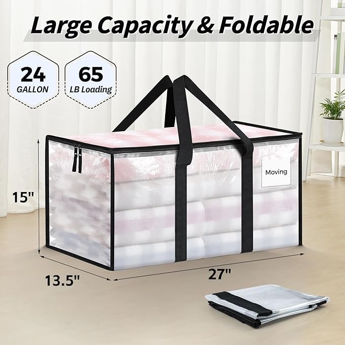 16 Pack Extra Large Heavy Duty Moving Bags, Clear Storage Bins with Lids, Reinforced Handles & Heavy-Duty Zippers Moving Boxes Storage Bags Totes for Clothes Packing, Dorms, College Supplies, Clear