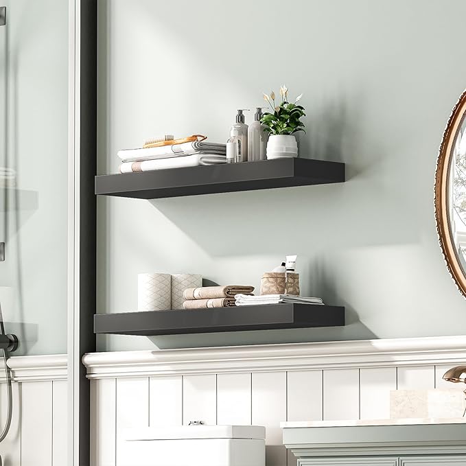 HOOBRO Floating Shelves for Wall, Wall Mounted Shelf Set of 2, 23.6" Hanging Shelf with Invisible Brackets, for Wall in Bathroom, Bedroom, Toilet, Kitchen, Living Room, Office, Black BK60BJ01-NeatNest