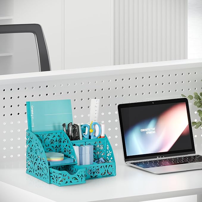 EasyPAG Desk Organizer with Sliding Drawer - 6 Compartments Metal Desktop Caddy, Decorative Elegant Hollow Flower Design, Anti-Scratch Pads for Home, Office, School, Dark Teal-NeatNest