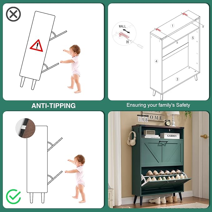 Shoe Storage Cabinet,Farmhouse Shoe Organizer with 2 Flip Drawers & Barn Door Design,Freestanding Hidden Slim Narrow Shoe Rack Cabinet with Open Storage for Entryway, Foyer,Hallway,Green-NeatNest