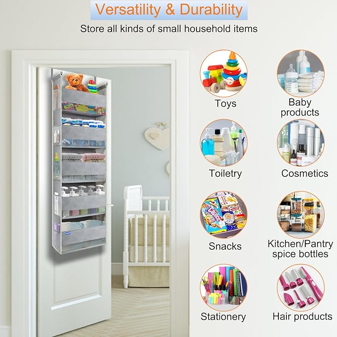 Extra Large Over The Door Organizer Storage 5-Shelves and 10 Side Pockets, Heavy Duty Hanging Door Organizer for Closet Bathroom Bedroom Nursery Pantry, Grey