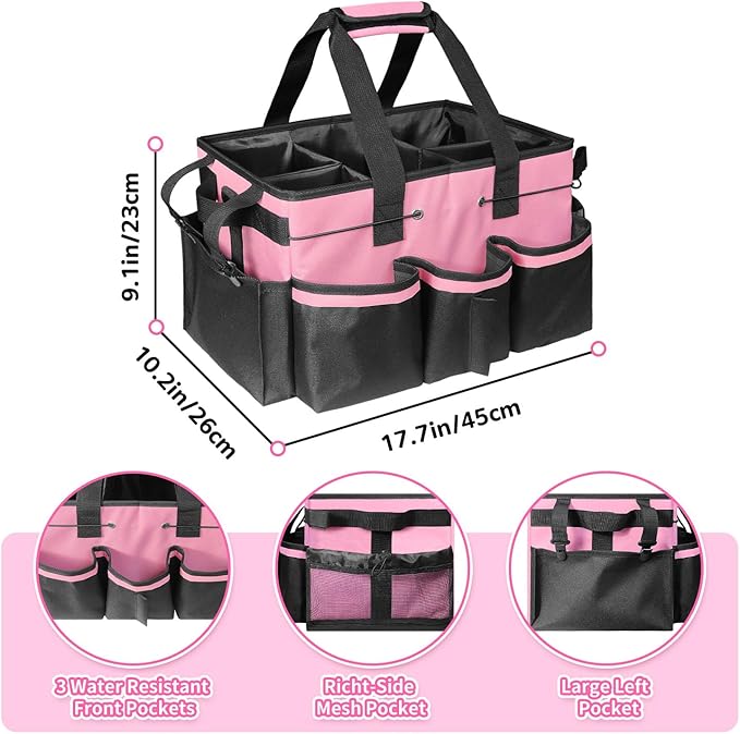 Grekos Wearable Cleaning Caddy Bag, Cleaning Caddy Suppliers Organizer with 4 Foldable Dividers, Handle & Shoulder Straps Cleaning Tool Organizers for Cleaners & Housekeeper (Pink)