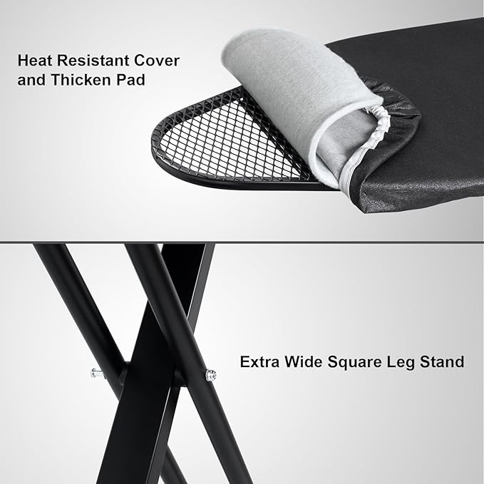 Duwee 17"x46" Ironing Board Full Size,Deluxe Ironing Board with Steam Iron Rest,Heat Resistant Cover and Thicken Felt Pad, Adjustable Height,Heavy Sturdy Legs,Black
