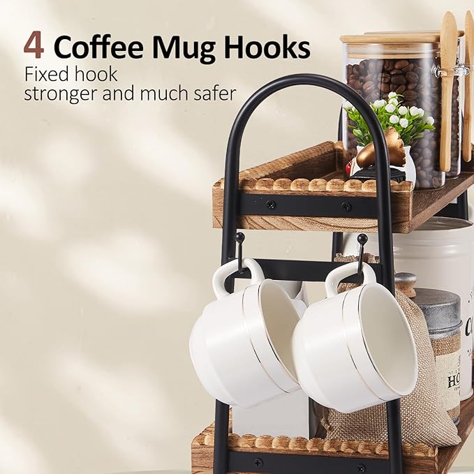 Coffee Bar Accessories, 2-Tier Coffee Bar Organizer with 4 Coffee Cup Holder Hooks, Mul-tifunctional Wooden Beaded Coffee Station Countertop Stand Shelf for Kitchen Home Office-NeatNest