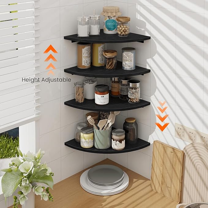 Homode Corner Shelf Wall Mount, 4 Tier Rounded Corner Floating Shelves, 12 Inch Deep Hanging Corner Shelf Storage, Wood Corner Wall Shelving for Living Room Bedroom Bathroom Kitchen, Black