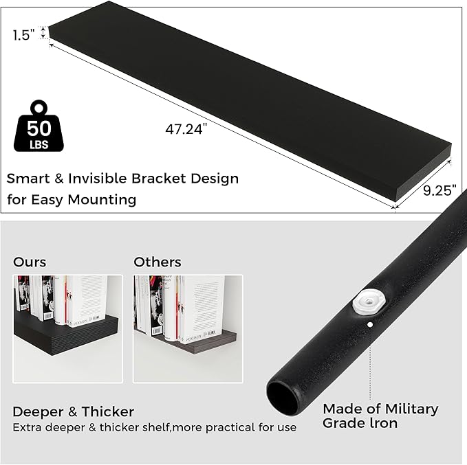 Floating Shelves for Wall, 48"W x 9"D x 1.5"H, 2 Pack of Long Wall Mounted Engineered Wood Shelves with Invisible Brackets for Living Room, Bedroom, Bathroom, Kitchen Decor and Storage, Black-NeatNest