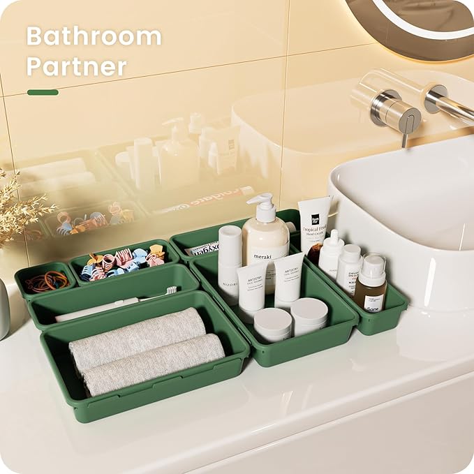 A-LuGei 【28PCS】 Drawer Organizer, Bathroom Organizers and Storage, Makeup organizer, Desk drawer organizer, Storage Bins for Kitchen Office Bedroom Vanity Jewelry Pantry Garage【ArmyGreen】【4Size】-NeatNest