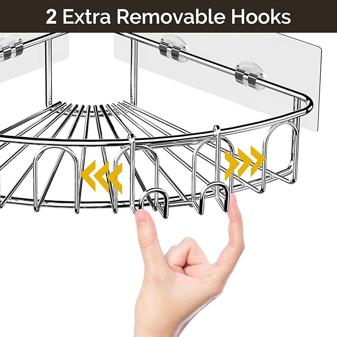 Orimade Corner Shower Caddy Stainless Steel with Hooks Wall Mounted Bathroom Shelf Storage Organizer Adhesive No Drilling 2 Pack, Silver Only for 90-Degree Corner